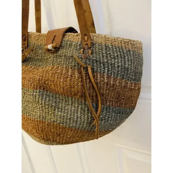 Vtg Woven Jute Leather Strap Straw Sisal Market Round Tote Shoulder Bag Purse - Picture 4 of 12